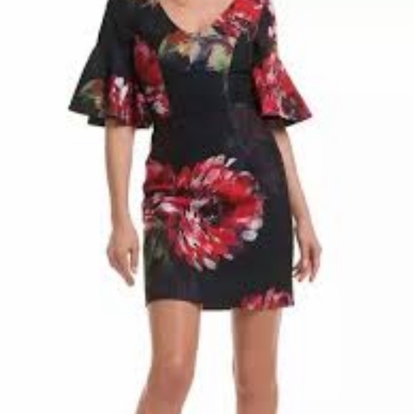 Trina Turk Black & Red Trousdale Floral Float V-neck Ruffles Sleeve Dress NWT 4 - Picture 3 of 16